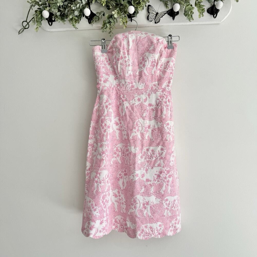vintage lilly pulitzer Pink Rhino Print Strapless Dress Size 0 - Picture 2 of 7